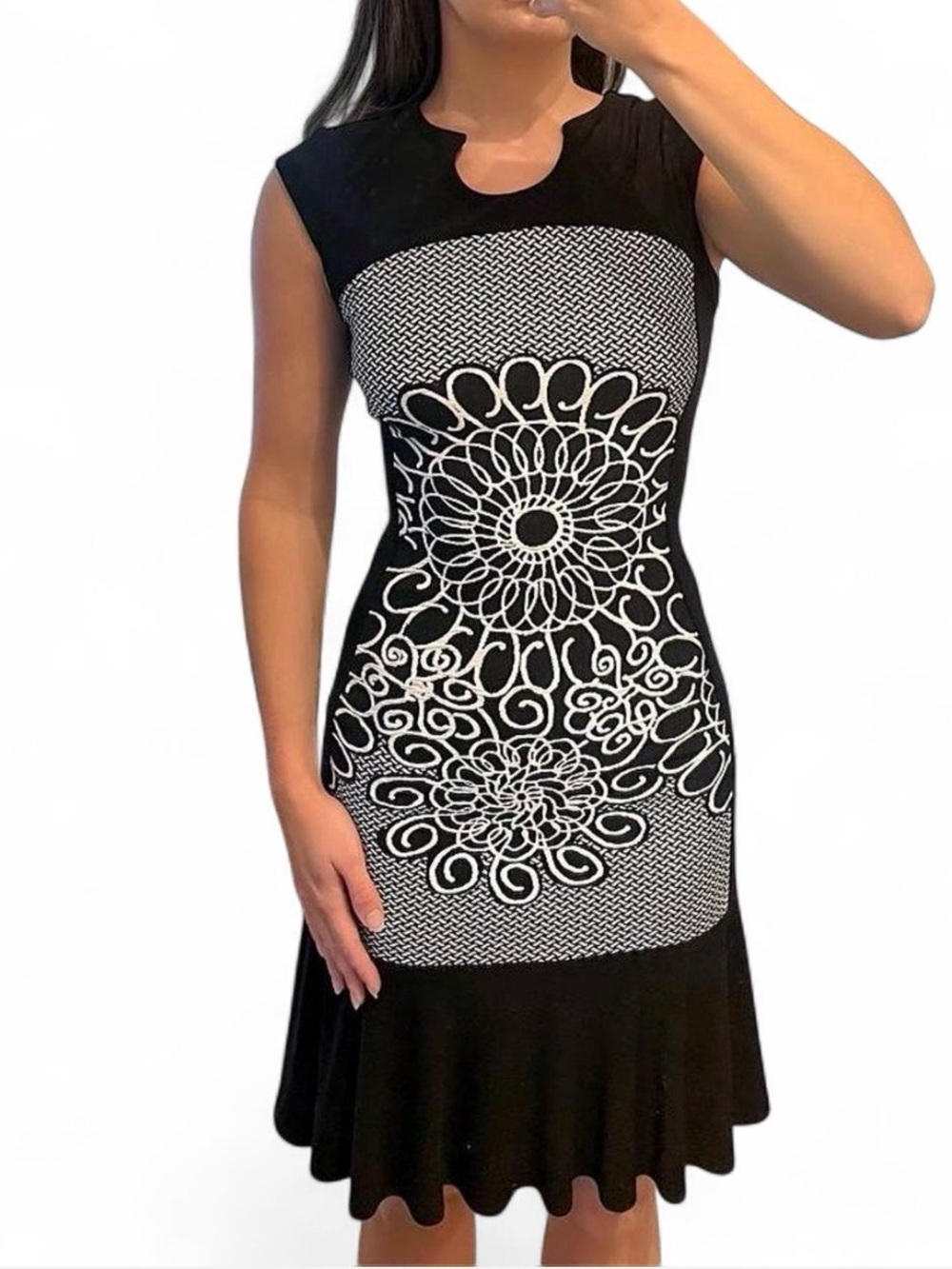 Joseph Ribkoff Black Dress with White Floral Medallion Panel